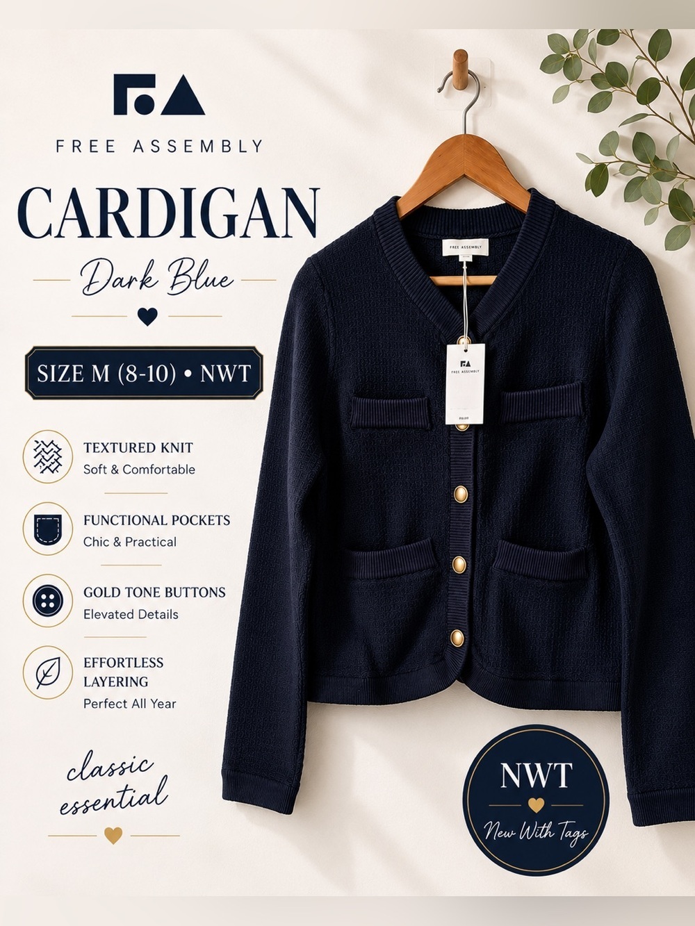 Free Assembly Textured Knit Cardigan Dark Blue Cropped Button Front Size M NWT
